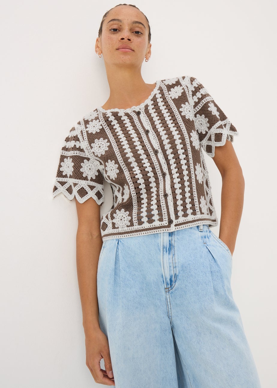 Brown Crochet Pattern Button Up T-Shirt