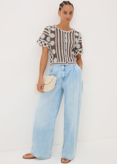 Brown Crochet Pattern Button Up T-Shirt