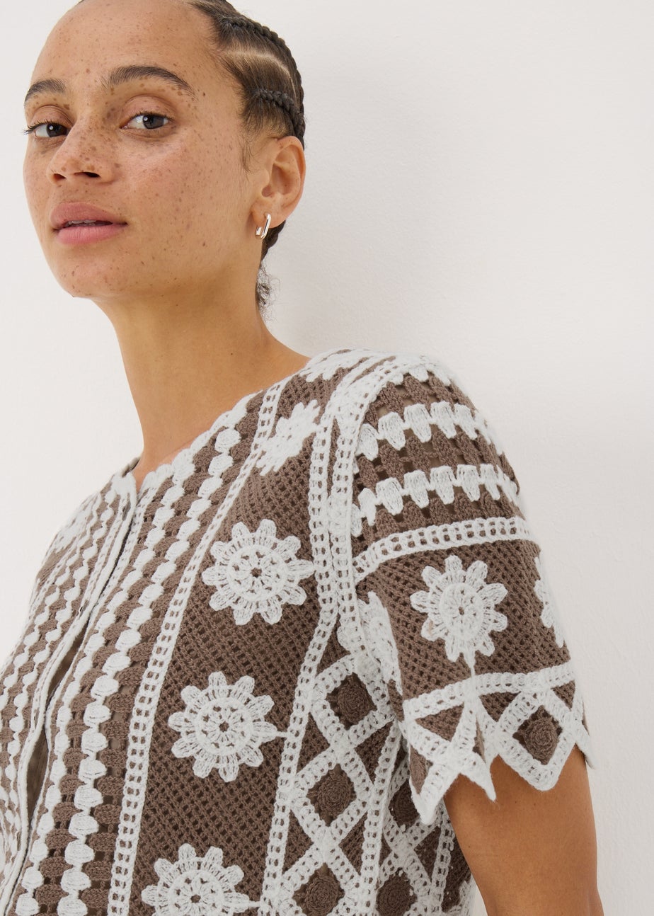 Brown Crochet Pattern Button Up T-Shirt