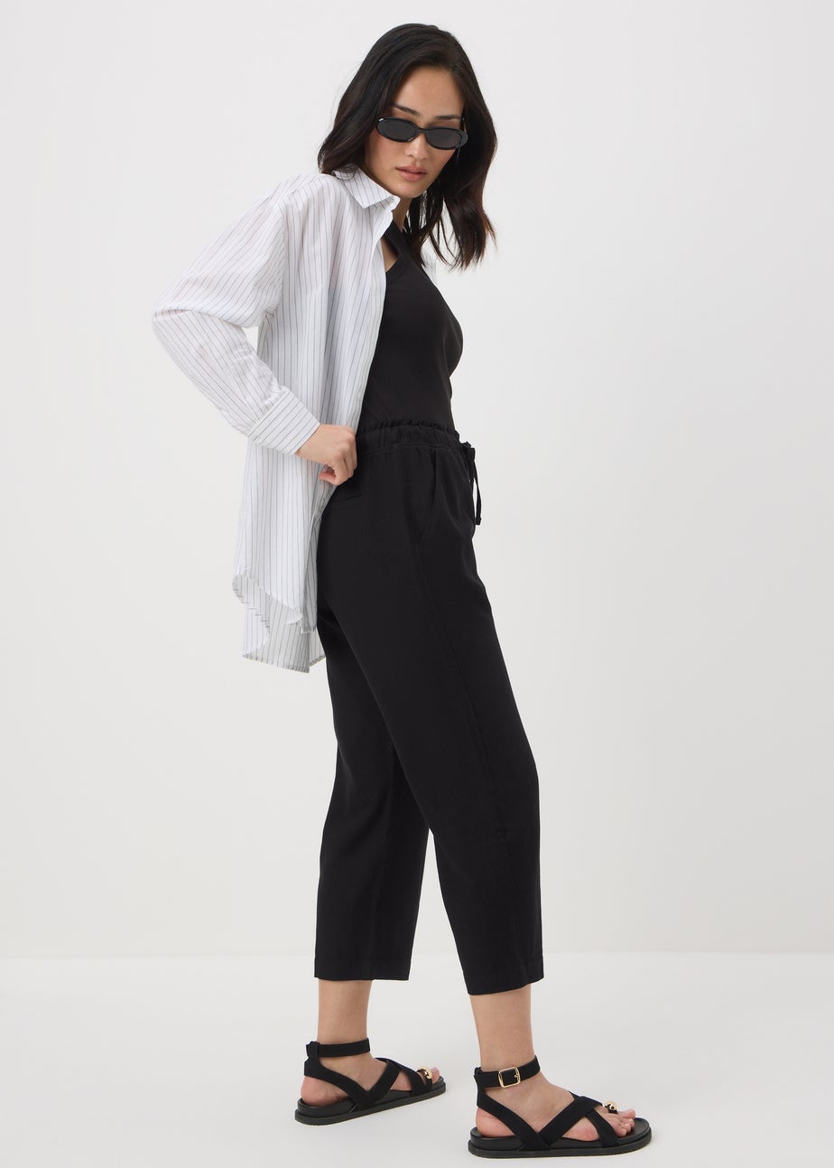 Black Linen Blend Cropped Straight Leg Trousers