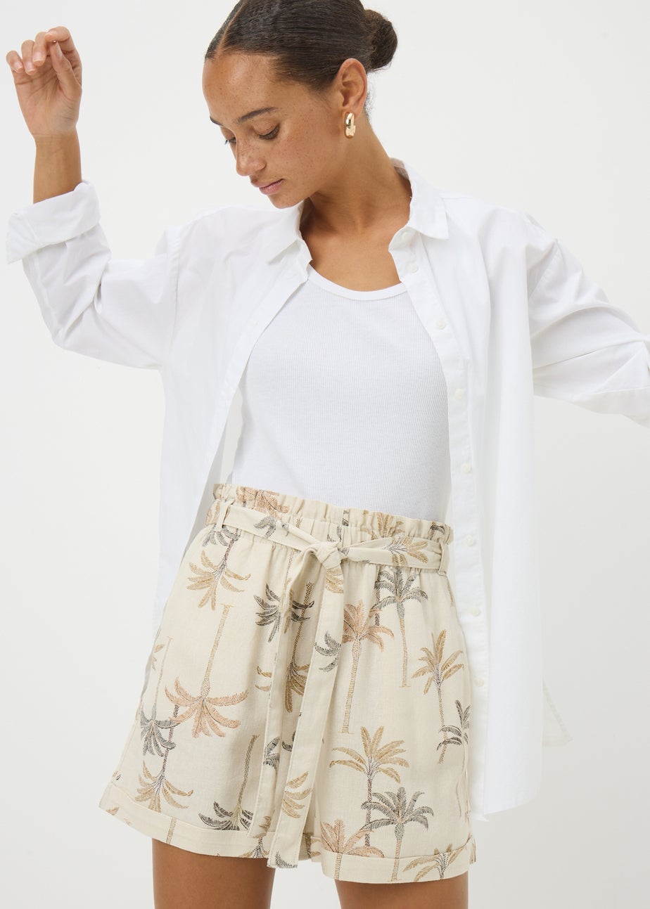 Natural Linen Blend Palm Print Shorts