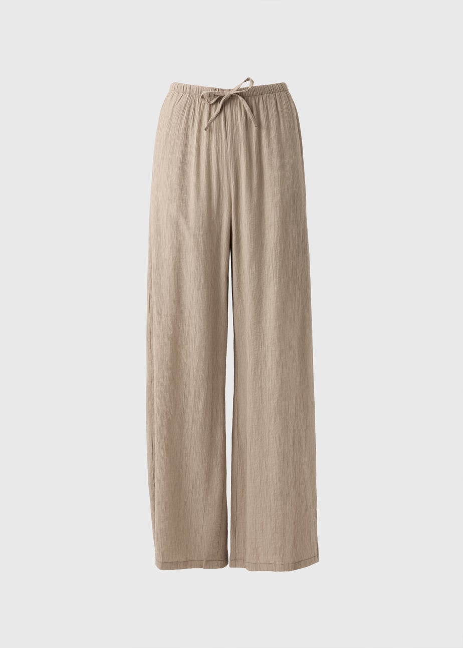 Beige Textured Wide Leg Trousers
