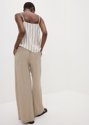 Beige Textured Wide Leg Trousers