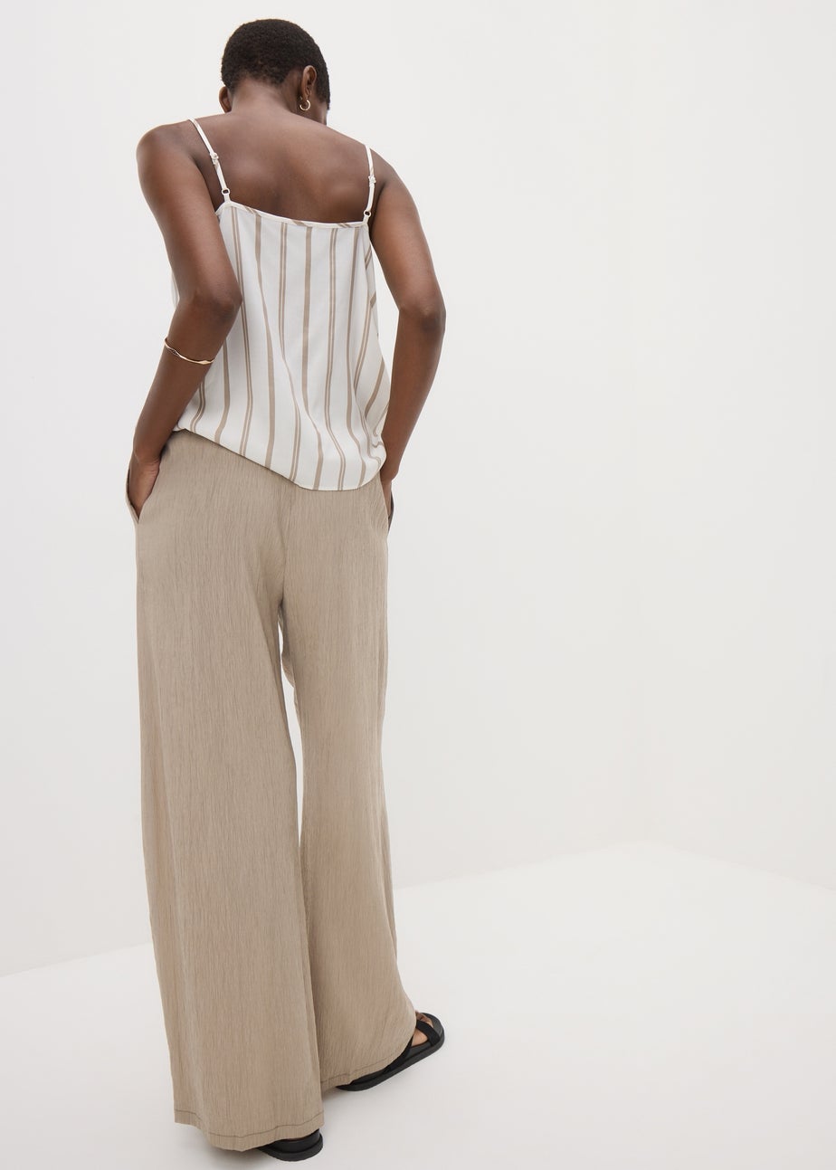 Beige Textured Wide Leg Trousers