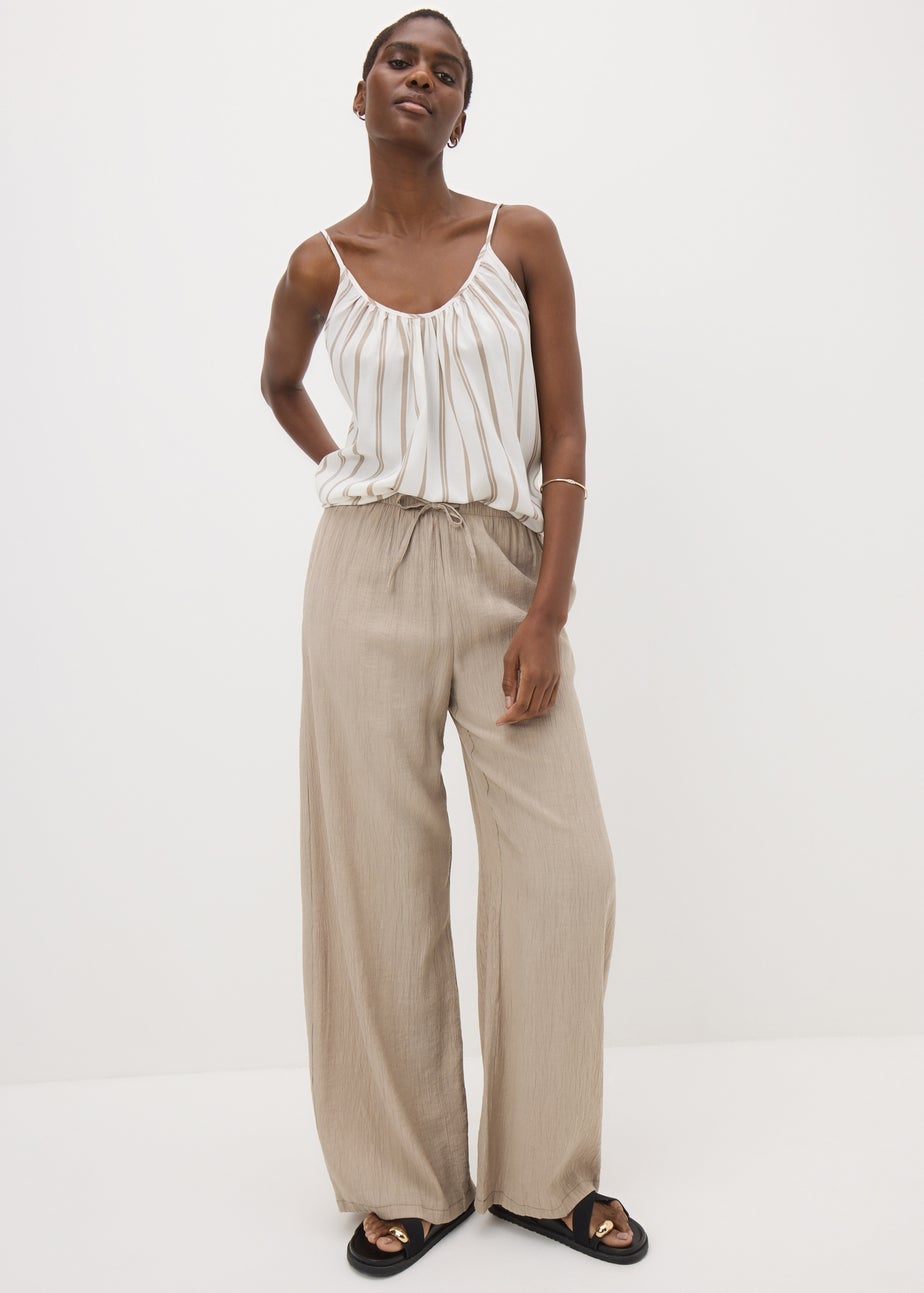 Beige Textured Wide Leg Trousers