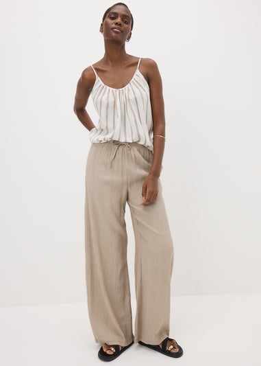 Beige Textured Wide Leg Trousers