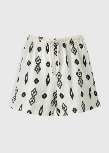 White Aztec Print Double Cloth Shorts
