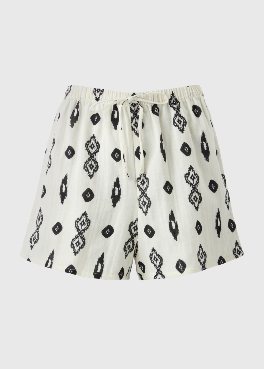 White Aztec Print Double Cloth Shorts
