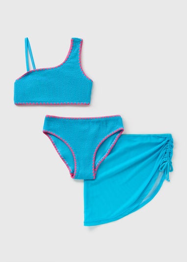 Girls Blue 3 Piece Bikini & Cover Up (6-15yrs)