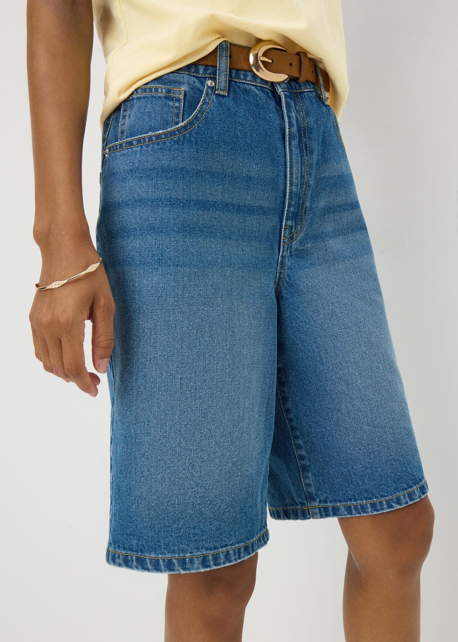 Blue Mid Wash Relaxed Knee Denim Shorts