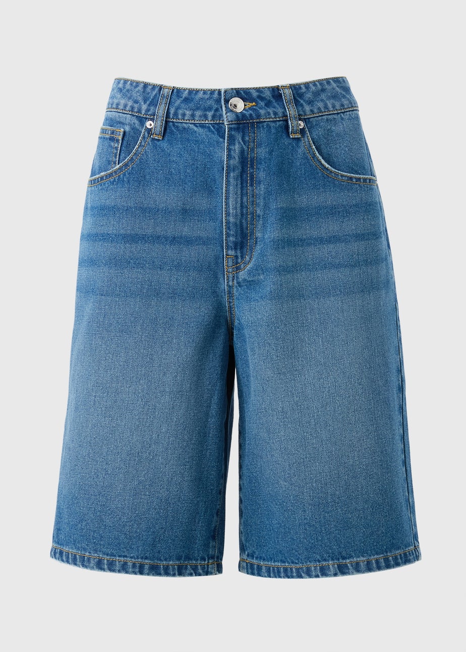 Blue Mid Wash Relaxed Knee Denim Shorts