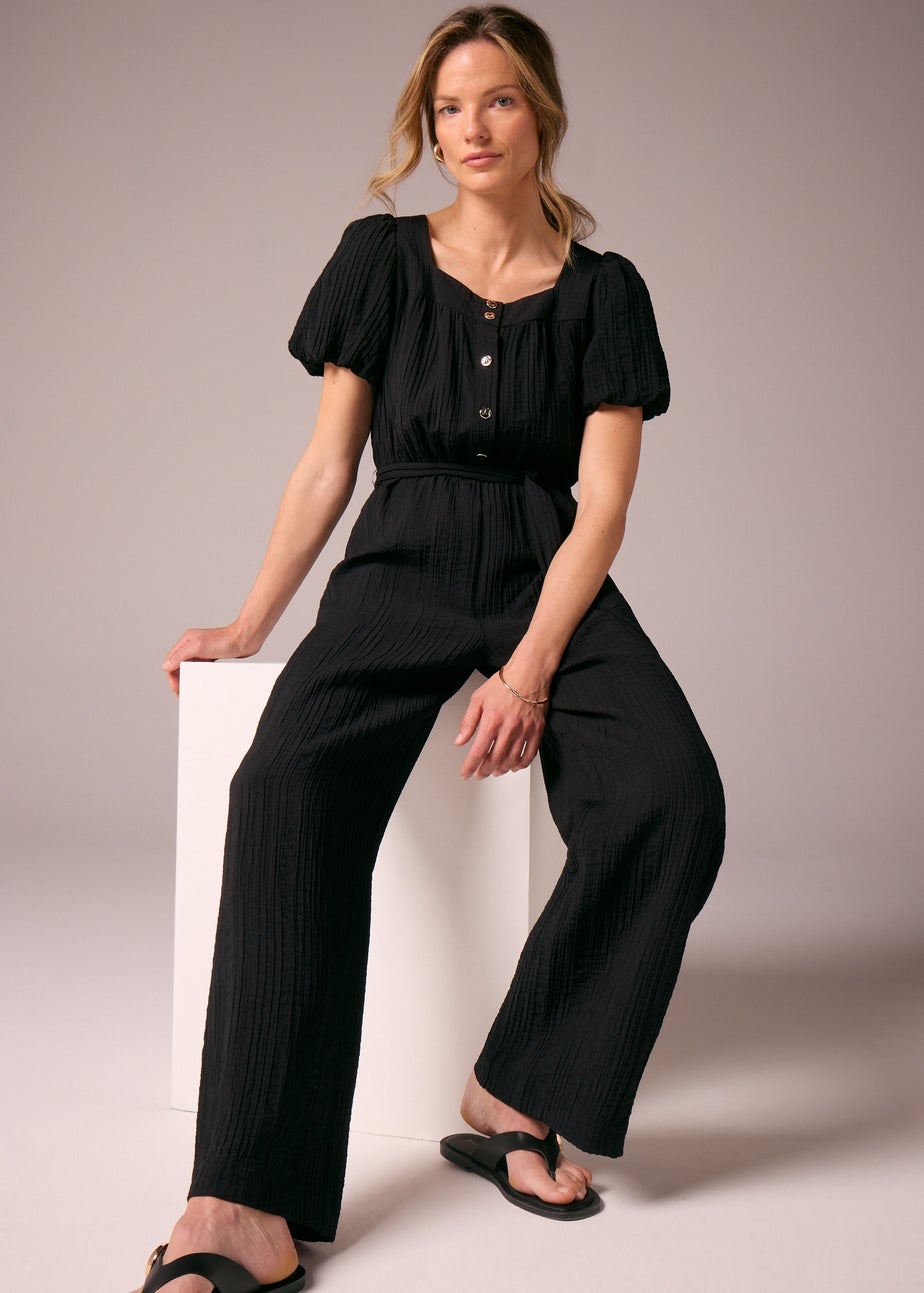 Et Vous Black Textured Tie Belt Jumpsuit