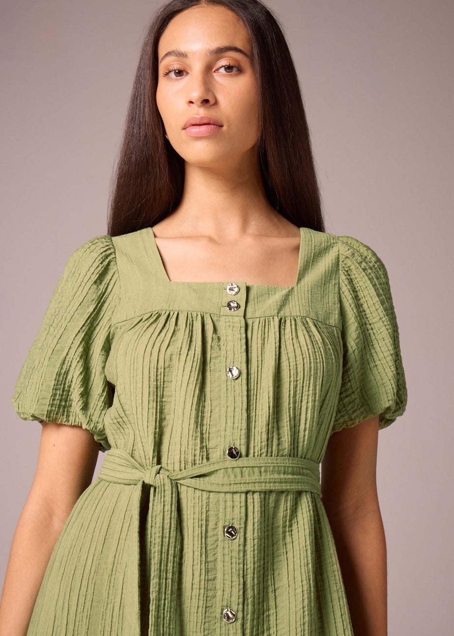 Et Vous Khaki Belted Textured Midi Dress