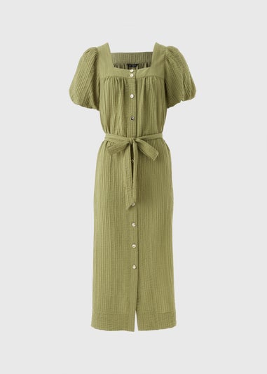Et Vous Khaki Belted Textured Midi Dress
