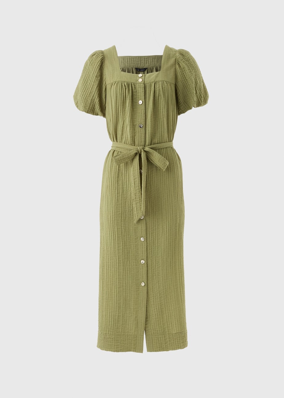 Et Vous Khaki Belted Textured Midi Dress
