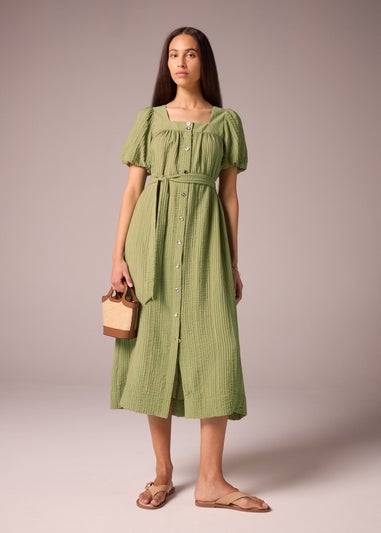 Et Vous Khaki Belted Textured Midi Dress