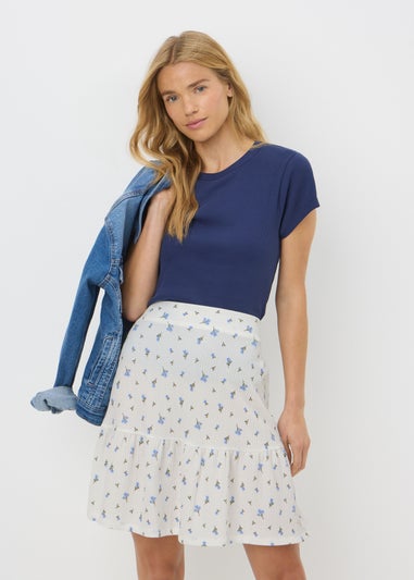 Blue Ditsy Floral Textured Mini Skirt