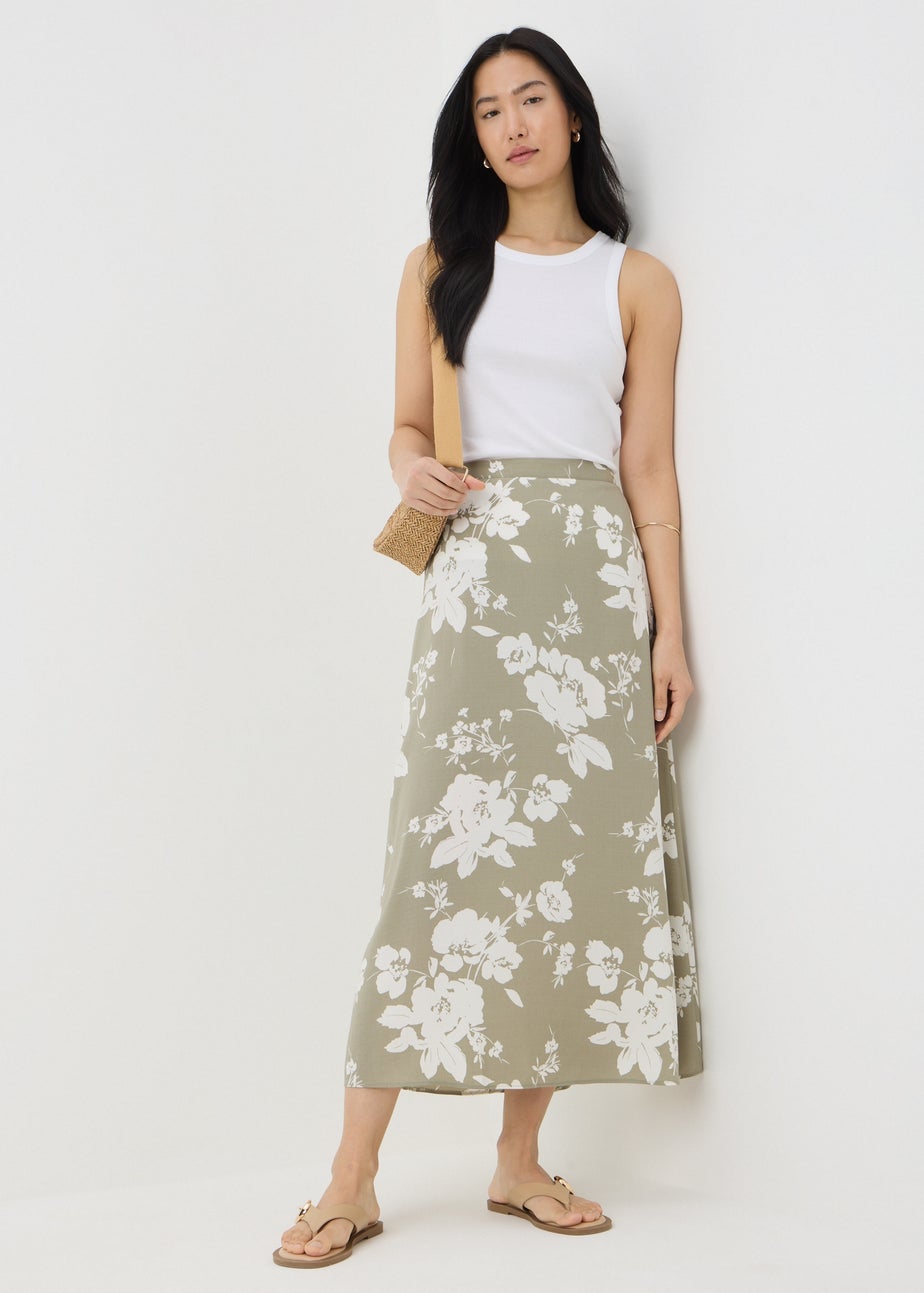 Sage Green Floral Flared Hem Midaxi Skirt