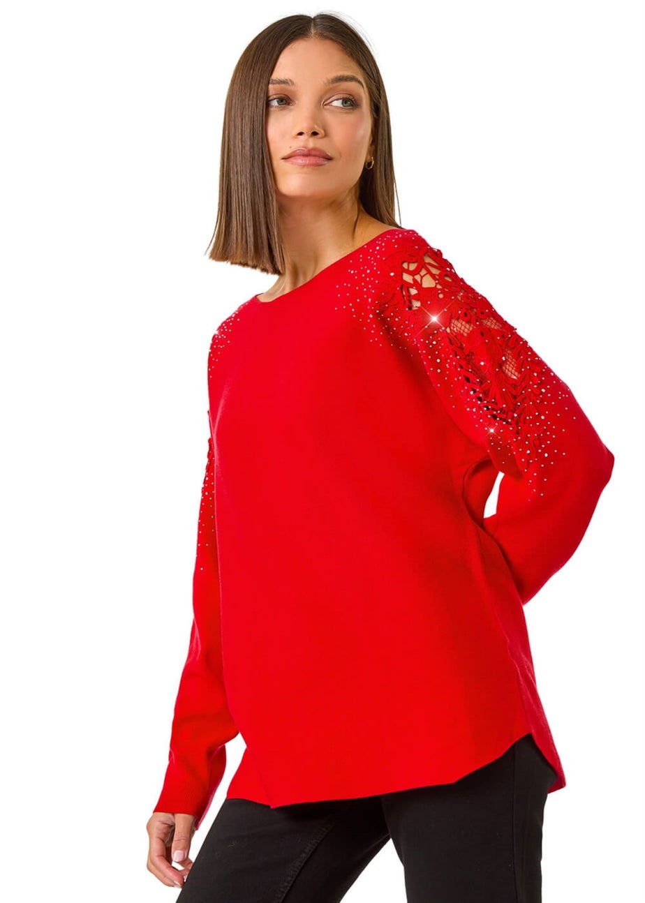 Roman Red Diamante Sleeve Knit Jumper