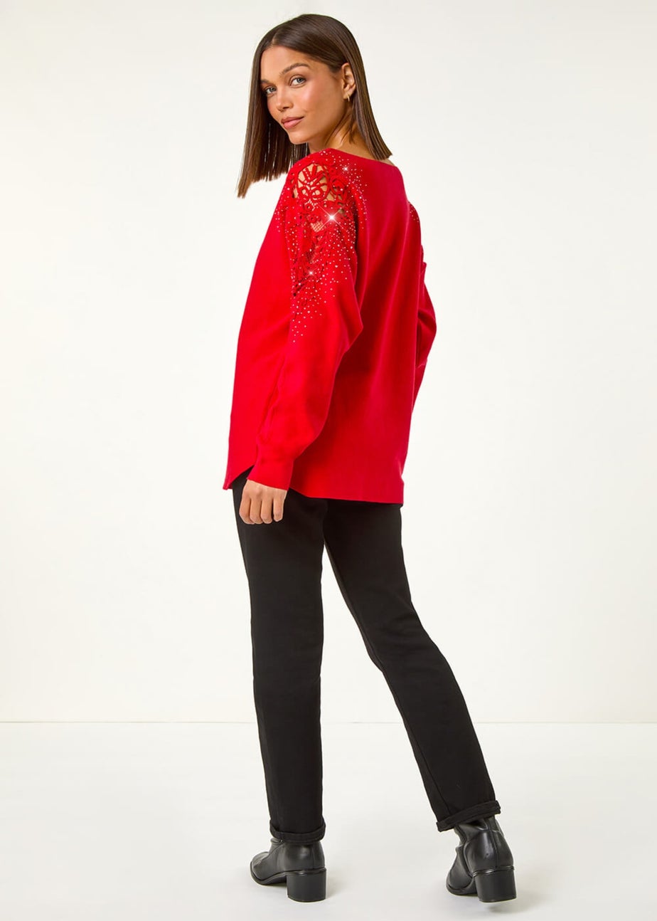 Roman Red Diamante Sleeve Knit Jumper