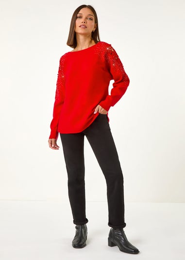 Roman Red Diamante Sleeve Knit Jumper