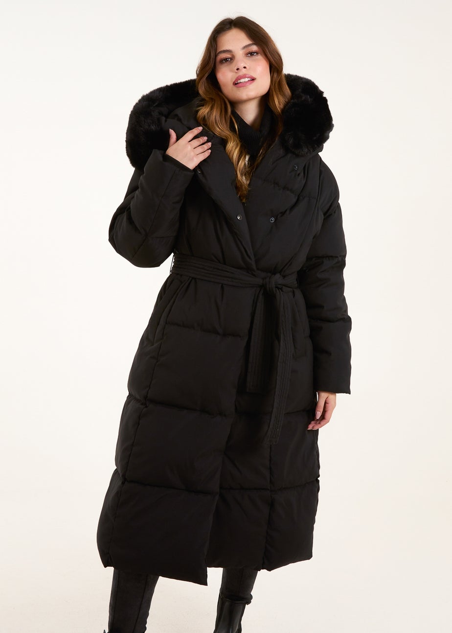 Blue Vanilla Black Quilted Puffer Coat With Fur Hood Matalan