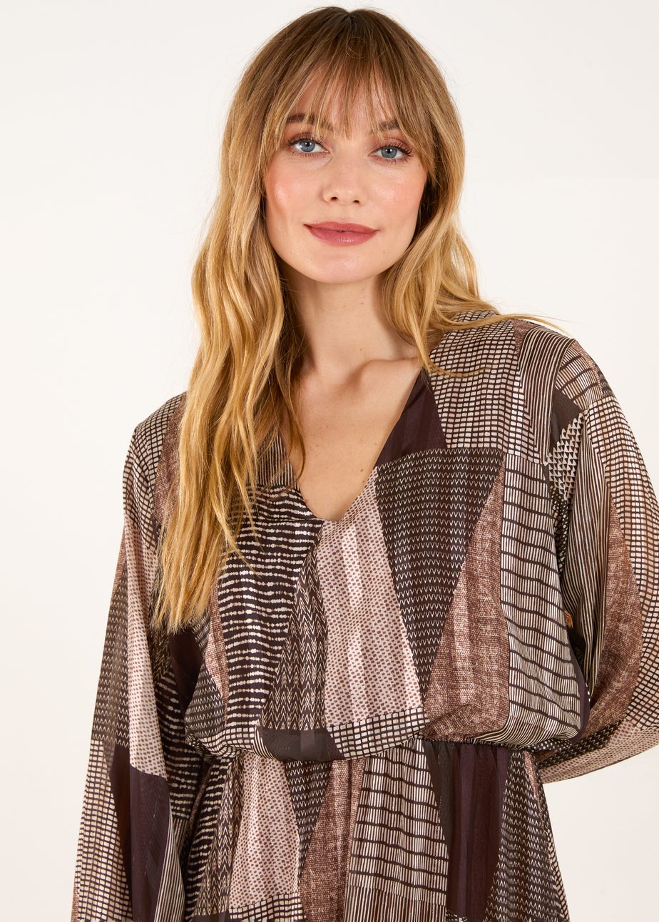 Blue Vanilla Brown V Neck Metallic Patchwork Print Dress