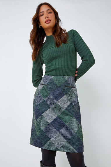 Roman Green Check Print Pocket Stretch A line Skirt