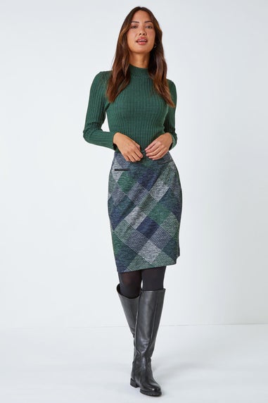Roman Green Check Print Pocket Stretch A line Skirt