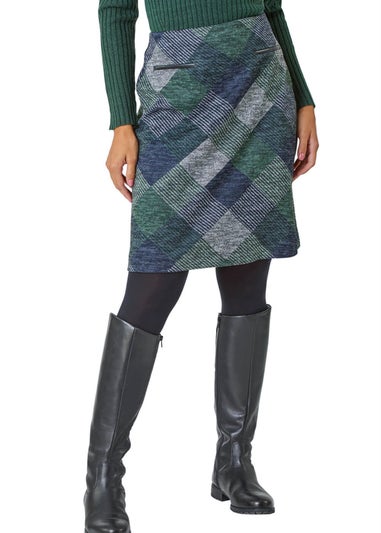 Roman Green Check Print Pocket Stretch A line Skirt