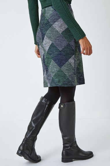 Roman Green Check Print Pocket Stretch A line Skirt