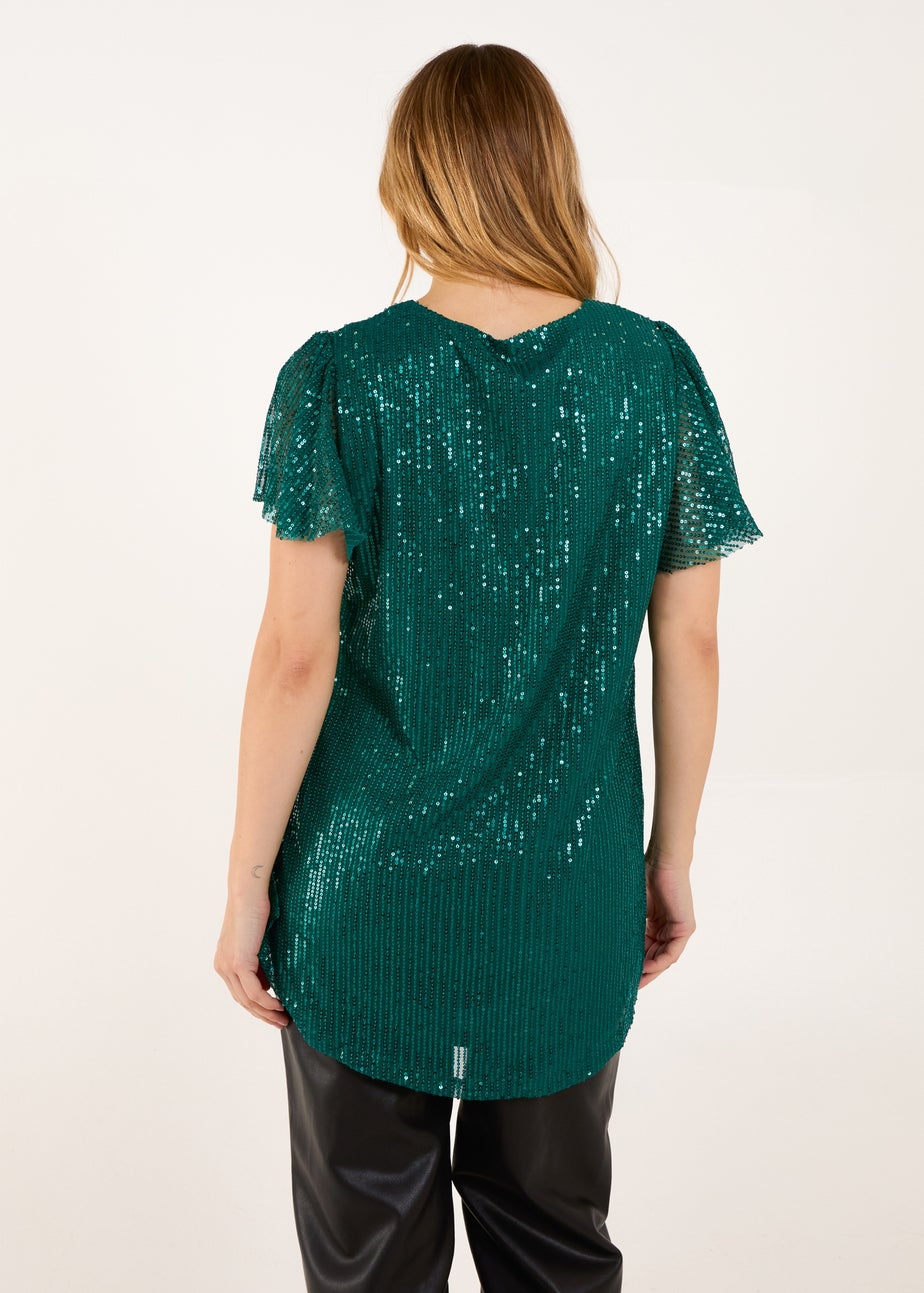 Blue Vanilla Teal Angel Sleeve V Neck Sequin Top