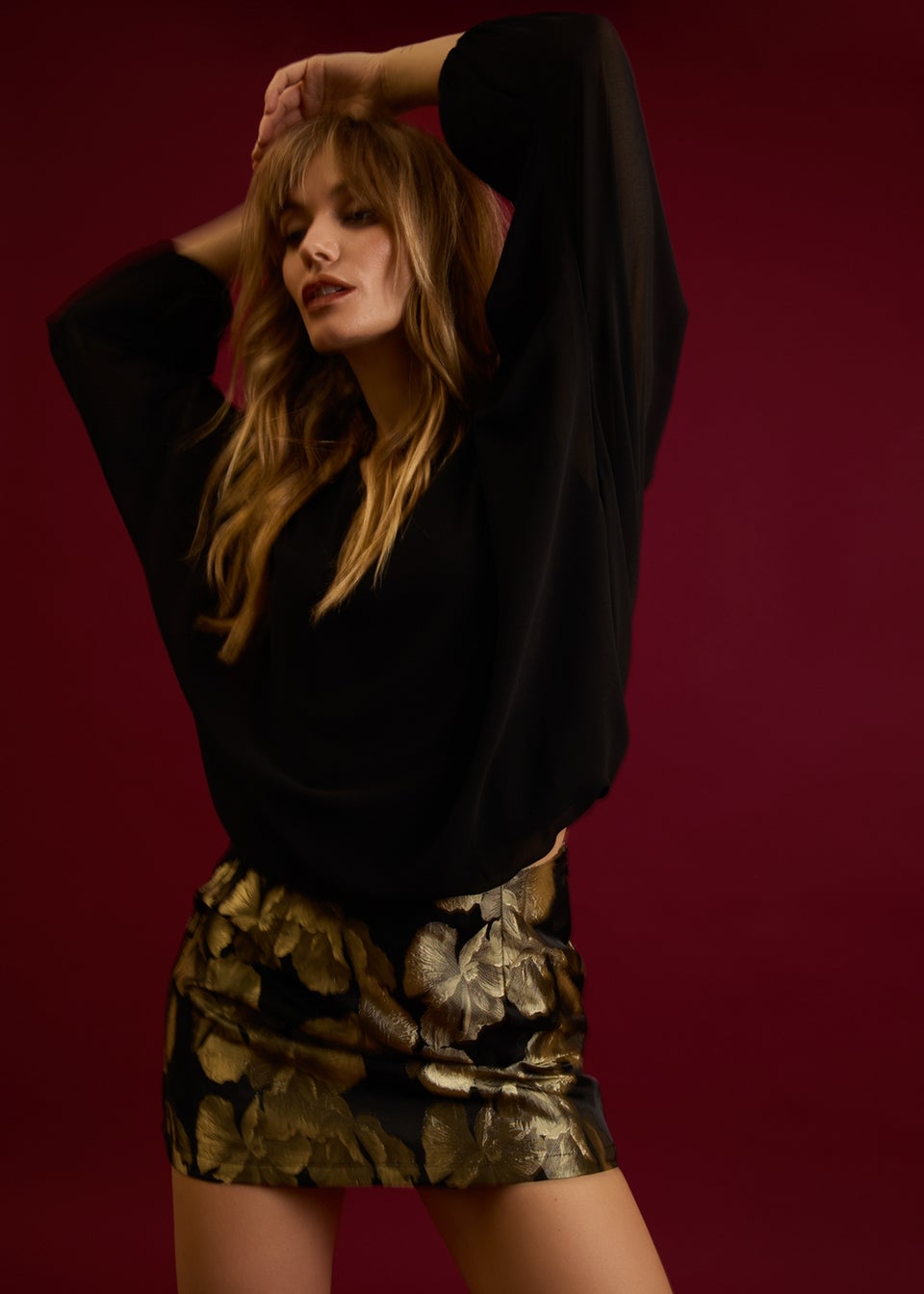 Blue Vanilla Black Floral Jaquard Mini Skirt