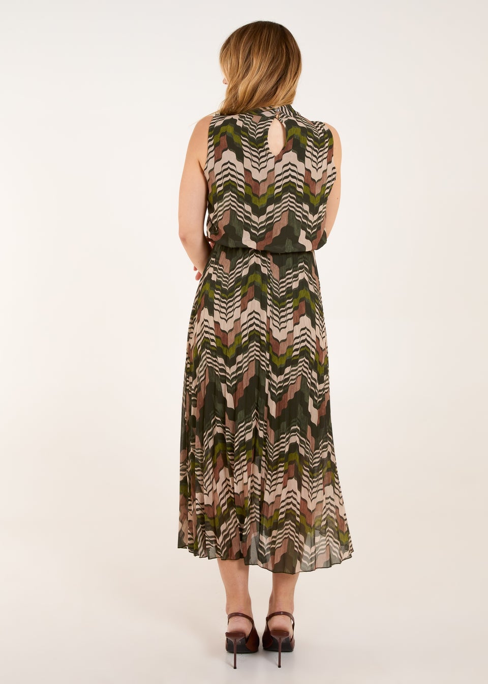 Blue Vanilla Khaki Tile Print High Neck Sleeveless Dress