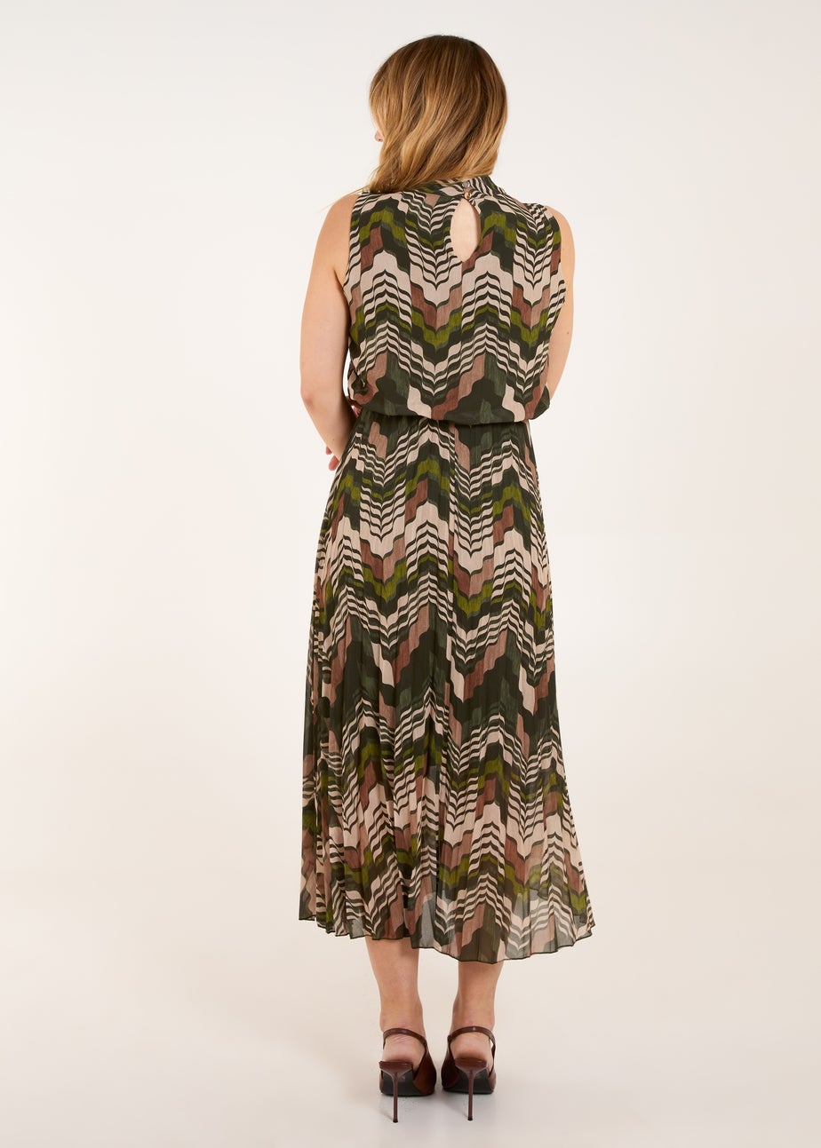 Blue Vanilla Khaki Tile Print High Neck Sleeveless Dress