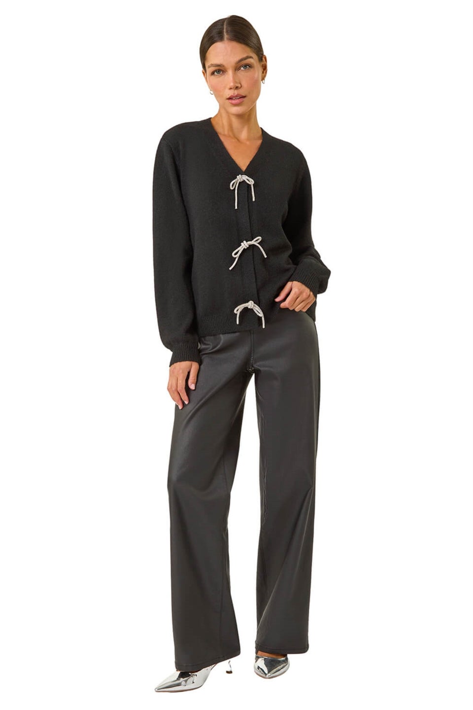 Roman Black Bow Embelished Knit Cardigan