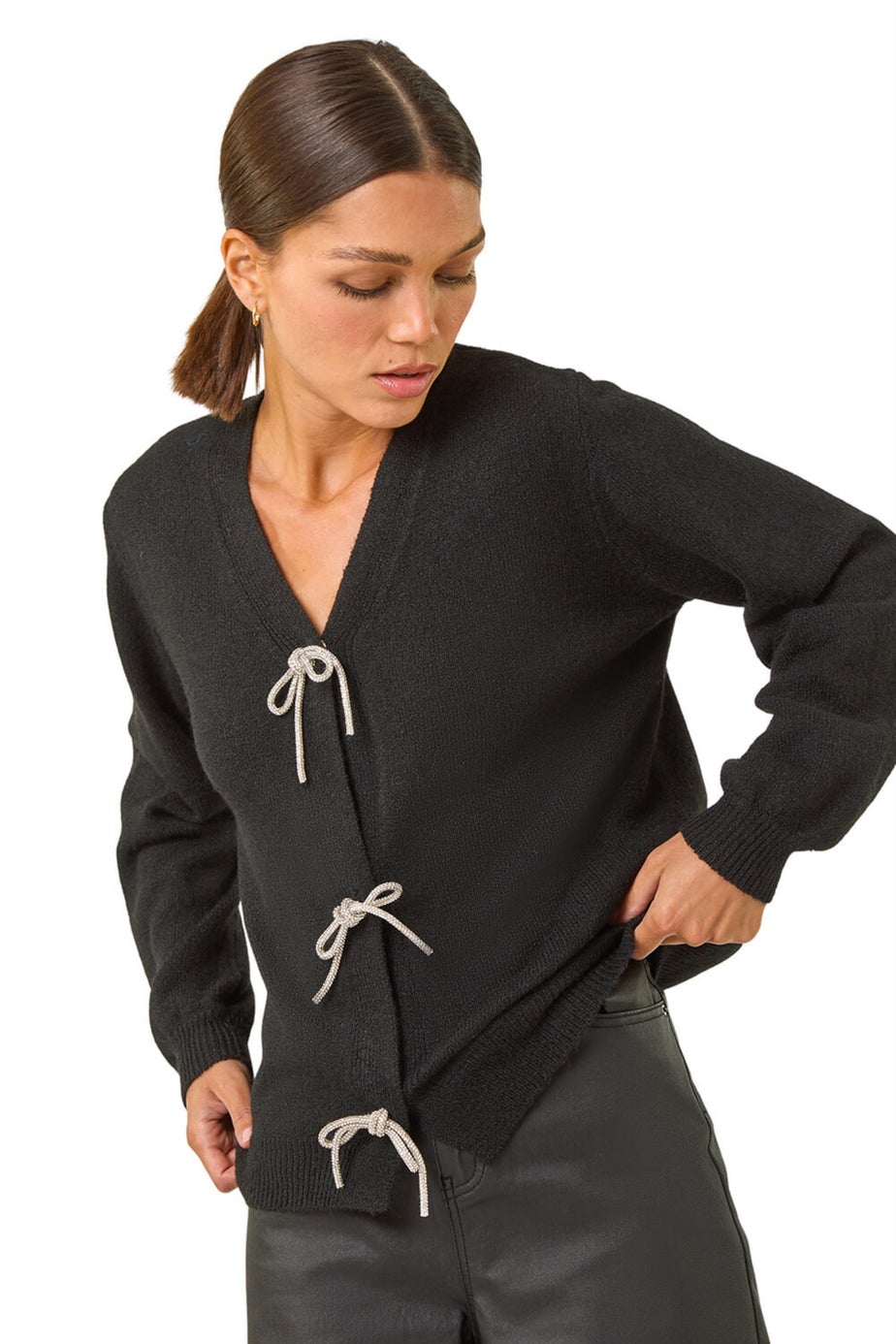Roman Black Bow Embelished Knit Cardigan