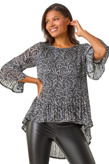 Roman Black Floral Print Pleated Tunic