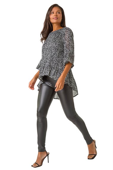 Roman Black Floral Print Pleated Tunic