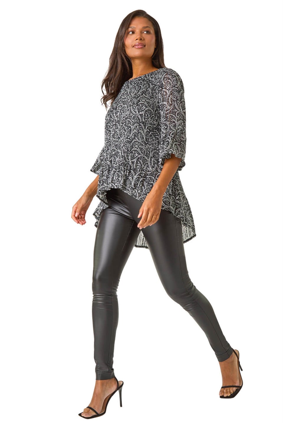 Roman Black Floral Print Pleated Tunic