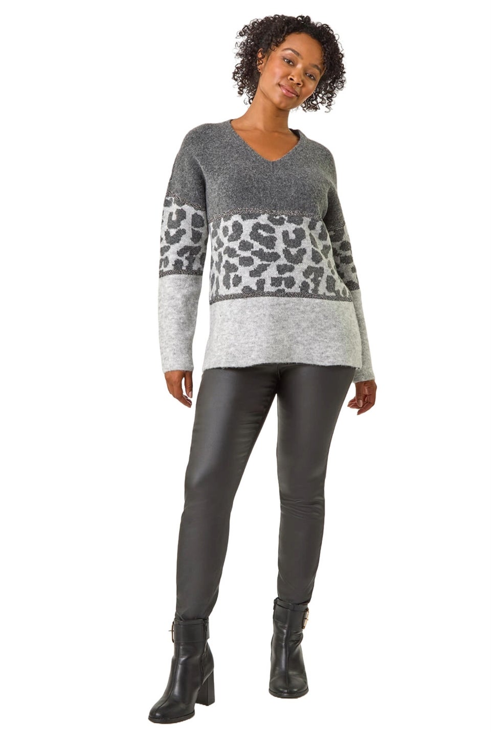 Roman Grey Petite Animal Colourblock Stretch Jumper
