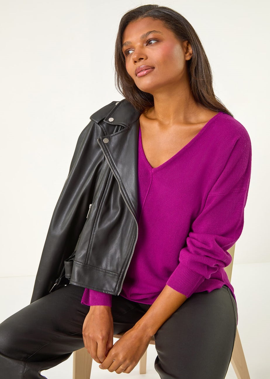 Roman Plum Soft V-Neck Side Split Knit Sweater