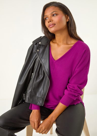 Roman Plum Soft V-Neck Side Split Knit Sweater