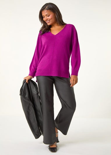 Roman Plum Soft V-Neck Side Split Knit Sweater