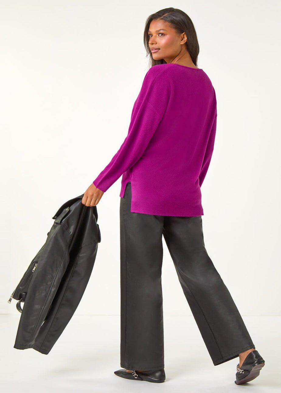 Roman Plum Soft V-Neck Side Split Knit Sweater