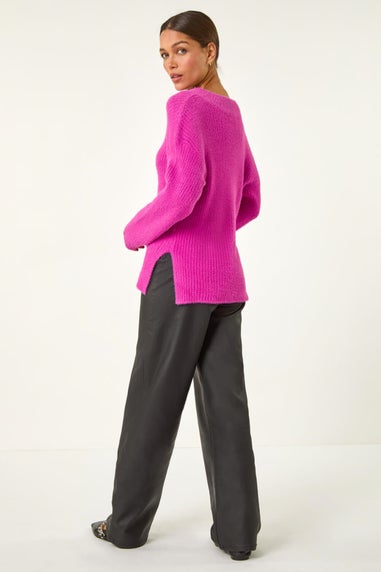 Roman Magenta Plain V-Neck Fluffy Knit Jumper