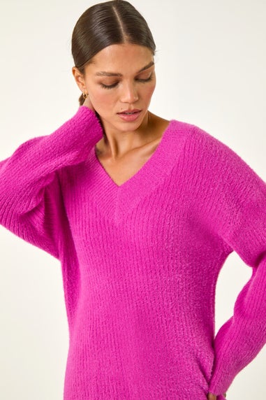 Roman Magenta Plain V-Neck Fluffy Knit Jumper