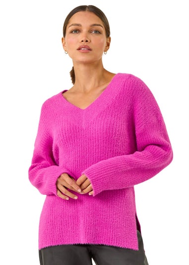 Roman Magenta Plain V-Neck Fluffy Knit Jumper