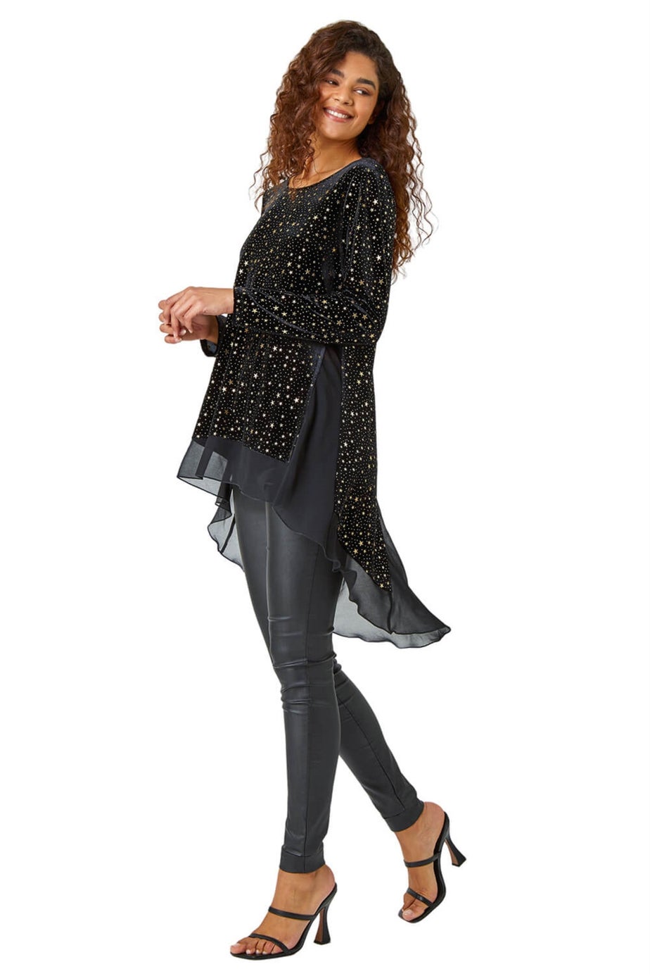 Roman Gold Star Print Velvet Chiffon Hem Top