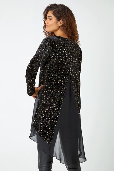 Roman Gold Star Print Velvet Chiffon Hem Top